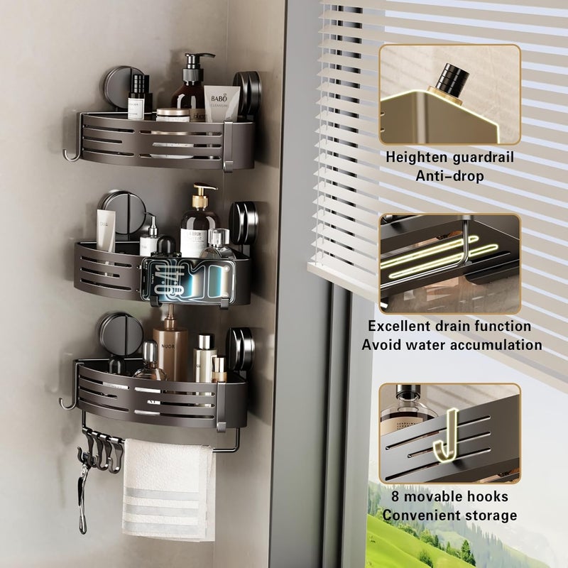 VOLPONE Shower Caddy Suction Cup No Drilling Suction Cup Shower Shelf Heavy Duty Bathroom Shower Organizer Storage Rack Adhesive with Towel Bar Hooks (1-Pack, Matte Gray) - Image 4
